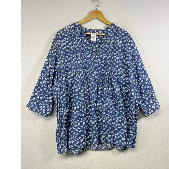 Breathable Button Front Blouse Womens 3XL Blue Floral 100% Cotton Pintuck Top - Picture 1 of 9